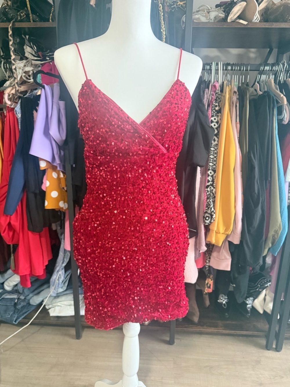 Red Sequin Spaghetti-Strap Party Dress